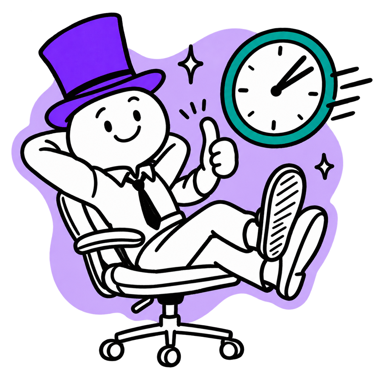 A relaxed business owner giving a thumbs up next to a fast clock