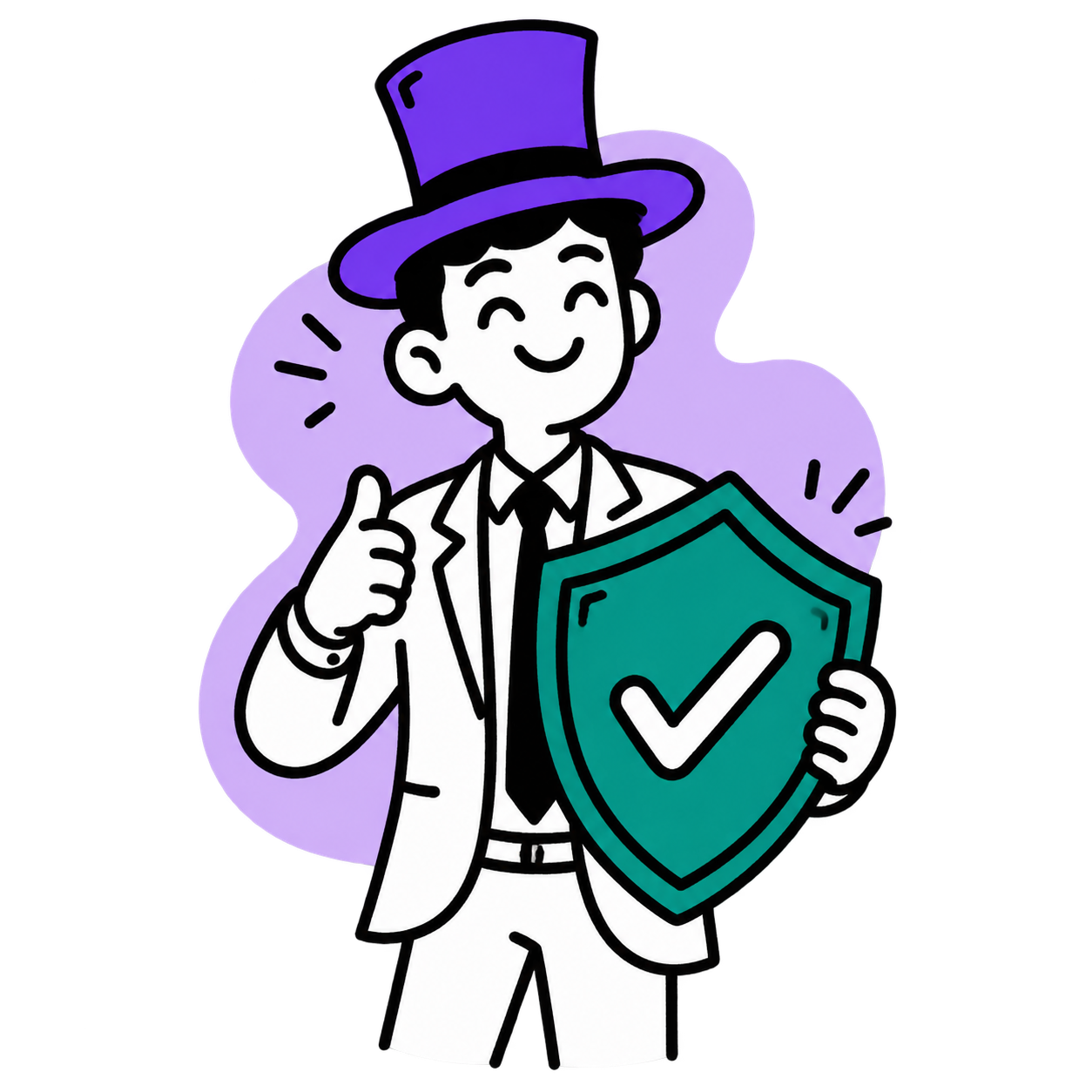 A reassured business owner protected behind a shield with a tick